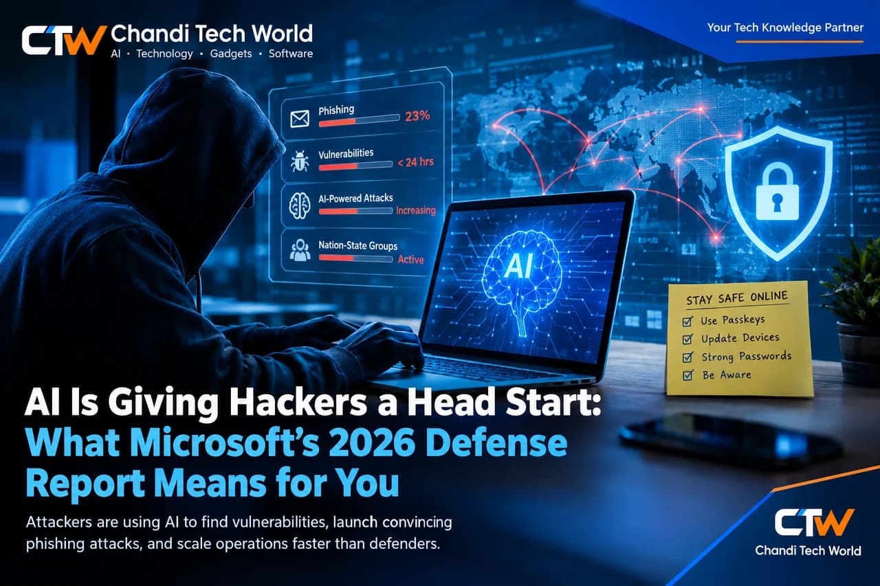 AI-driven cyberattack showing a hacker, global threat map, phishing risks, and cybersecurity defenses based on Microsoft’s 2026 Digital Defense Report.