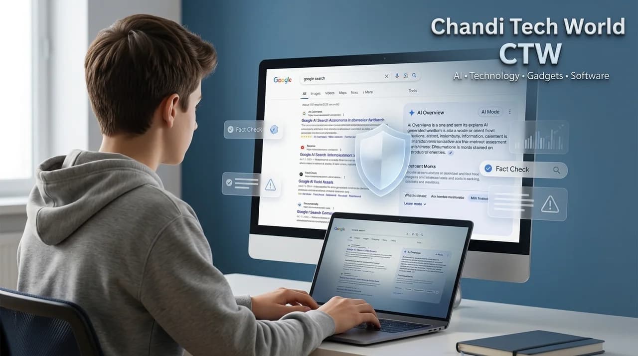 Google AI Search interface with AI Overviews and AI Mode beside a student and digital child-safety shield