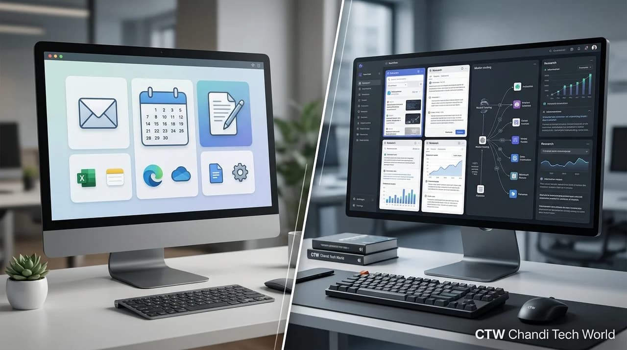 CTW Chandi Tech World comparison graphic showing Gemini Spark's Google-focused AI workflow alongside Perplexity Computer's multi-model, multi-tool approach.