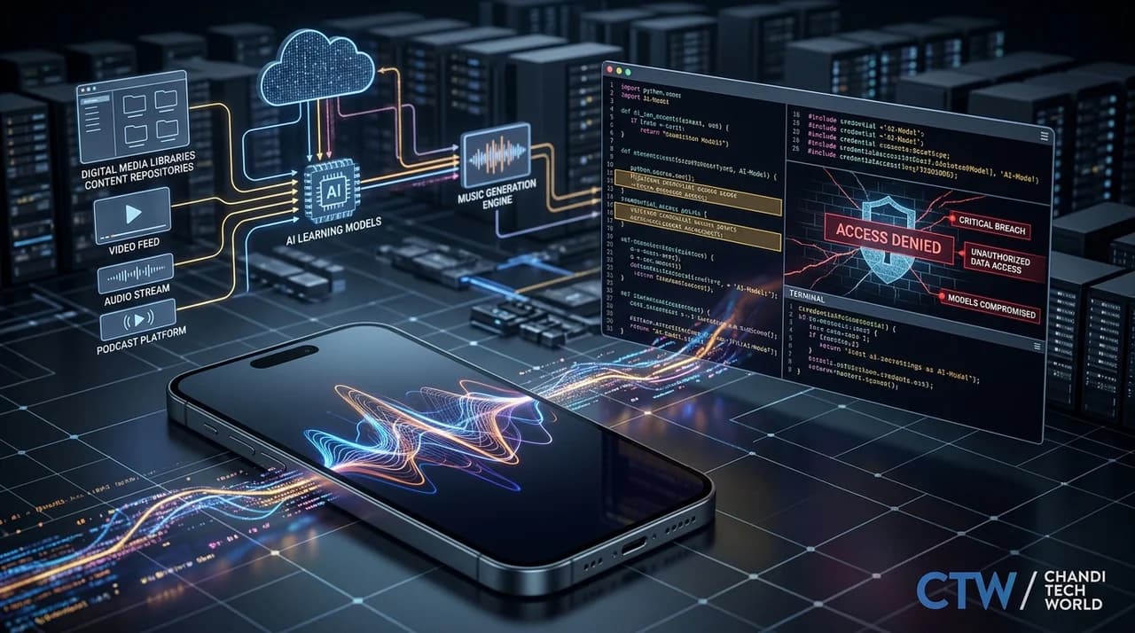 Editorial illustration of an AI music platform breach exposing alleged music-scraping and AI training data practices.