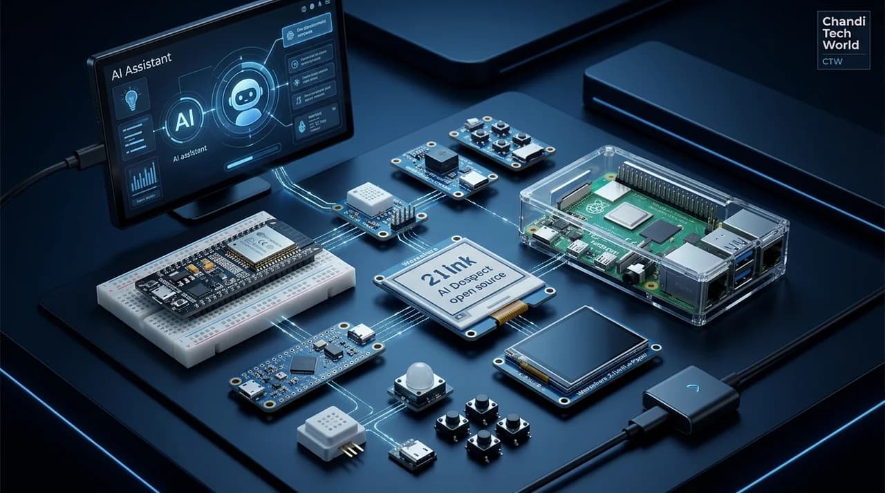 Meta Muse Gadgets open-source AI hardware setup featuring an ESP32 board, Raspberry Pi, E Ink display, sensors and smart-home connectivity.