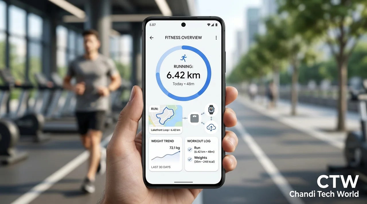 CTW Chandi Tech World illustration of the Google Health 5.07 update, featuring workout logging, running maps, weight tracking, and health data syncing.