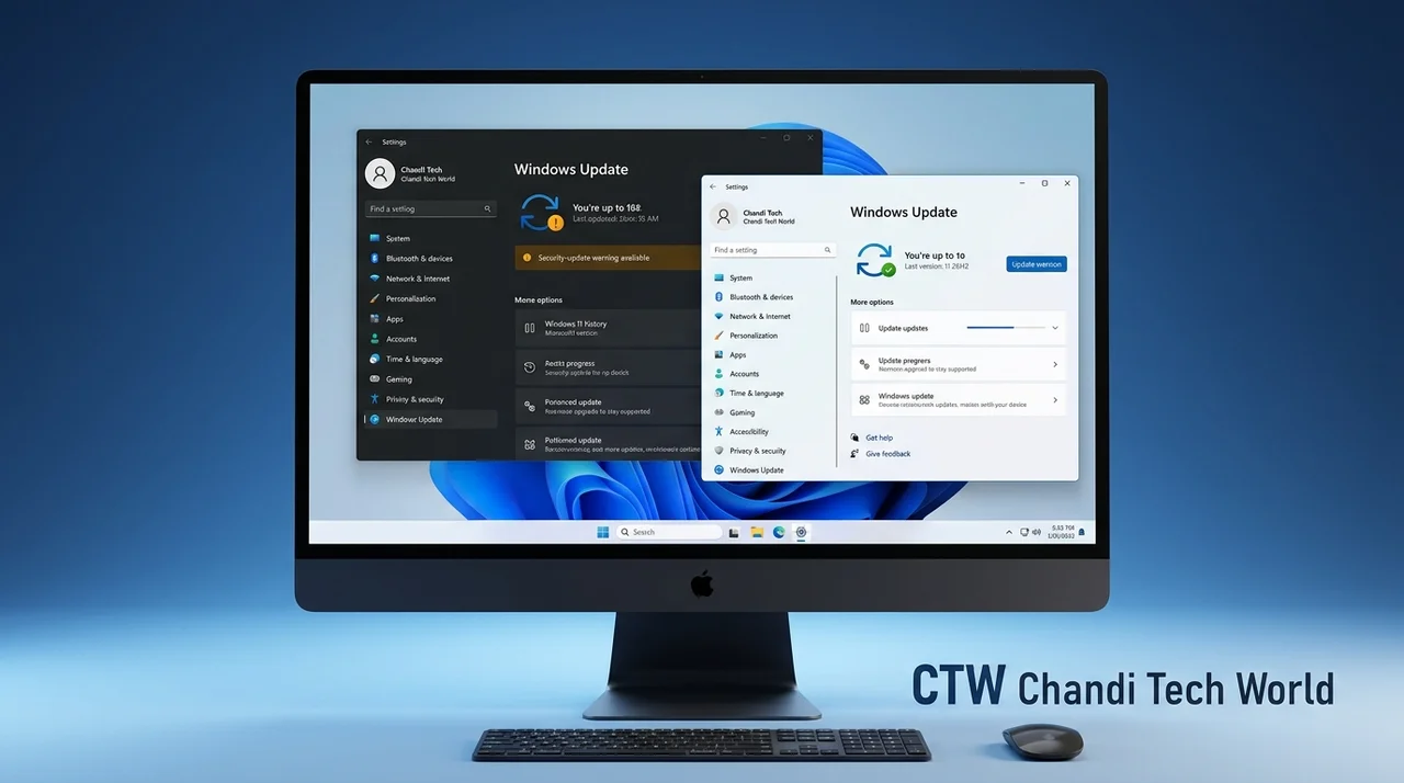 CTW Chandi Tech World illustration showing a Windows 11 PC moving from version 24H2, which has reached end of support, toward version 26H2.