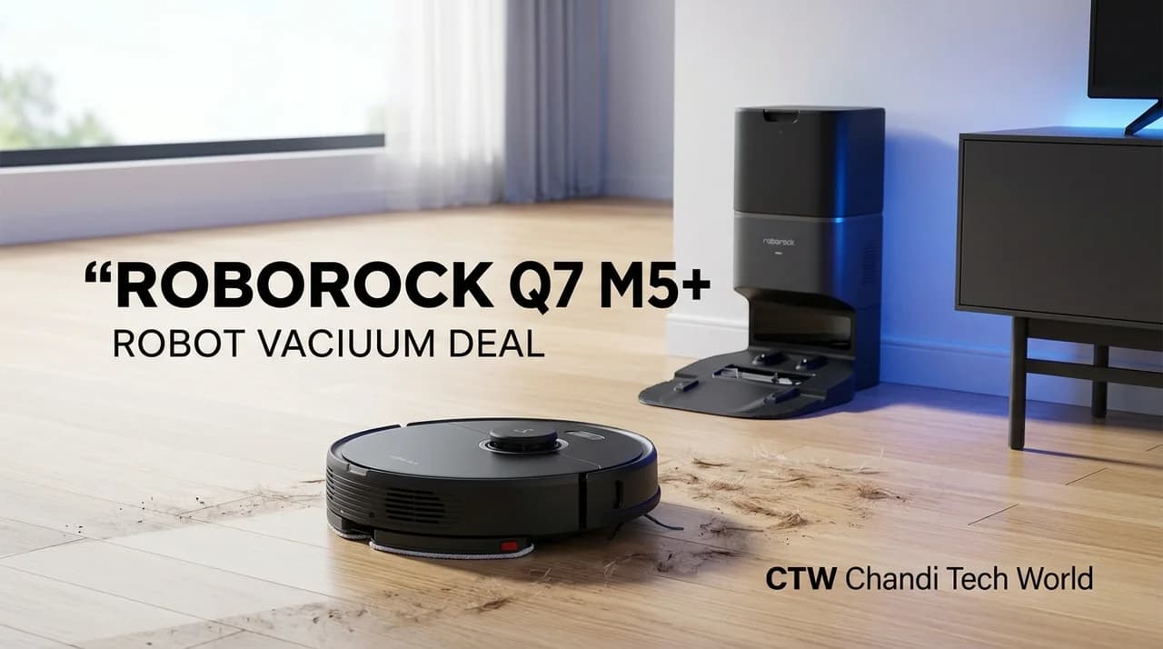Roborock Q7 M5+ robot vacuum with self-emptying dock in a modern living room, featuring CTW Chandi Tech World branding.
