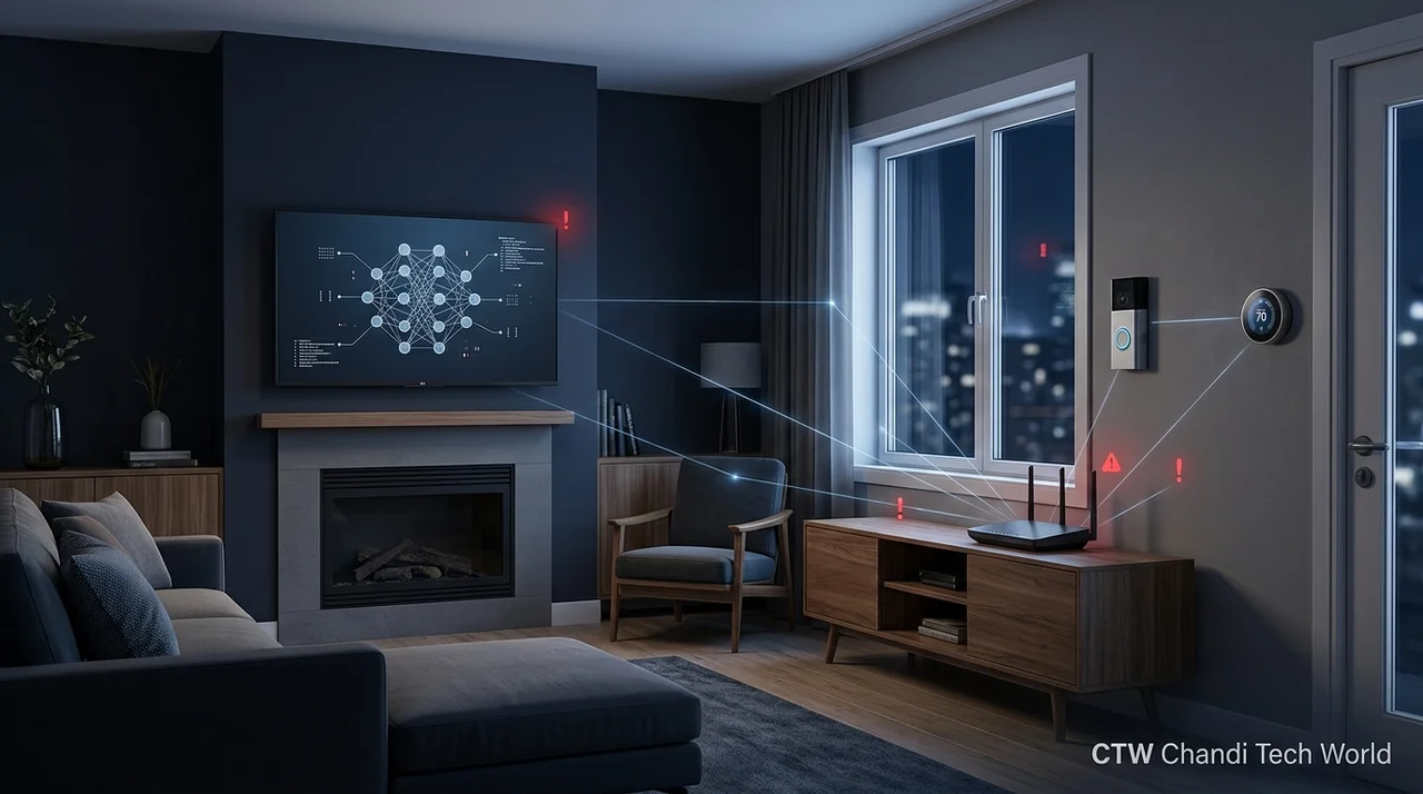 Smart home devices connected through a network, illustrating Anthropic's warning about potential AI-assisted worms, with CTW Chandi Tech World branding.