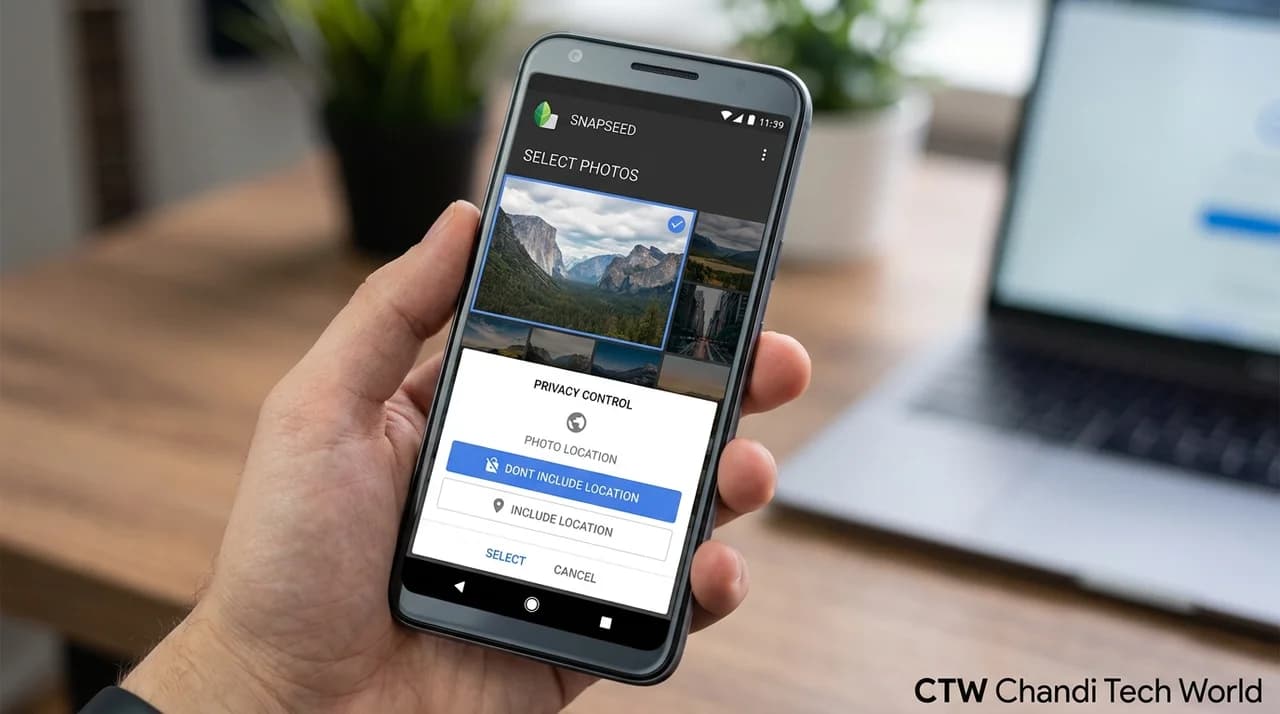 CTW Chandi Tech World illustration of Android Photo Picker location-sharing controls in Snapseed, highlighting user control over photo GPS metadata.