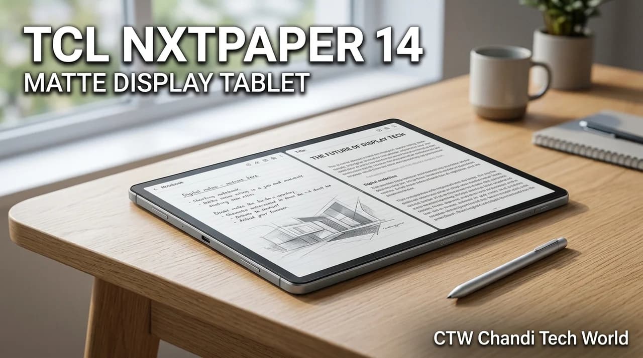 TCL NXTPAPER 14 tablet with a large matte display showing digital notes and an ebook, with CTW Chandi Tech World branding.