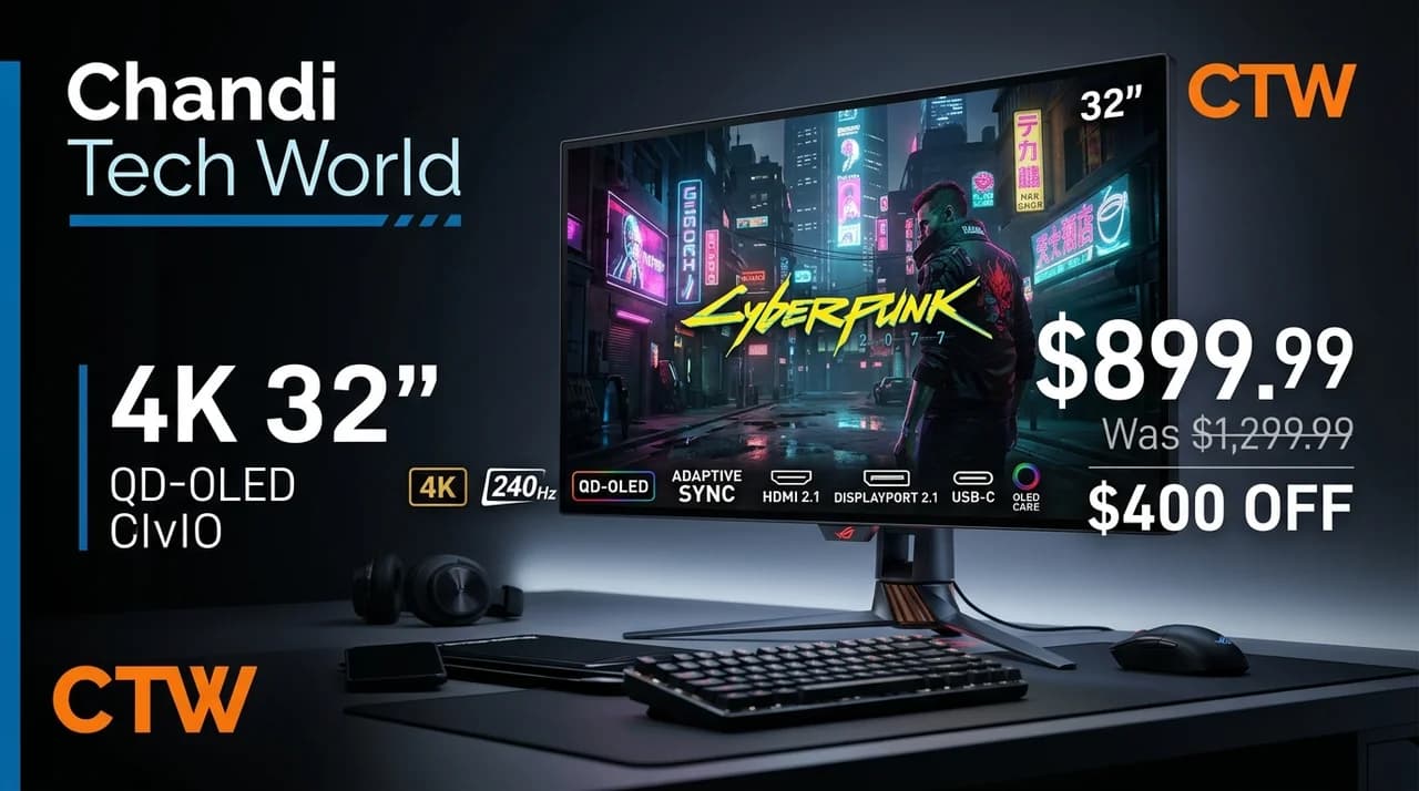 ASUS ROG Swift 32-inch 4K QD-OLED gaming monitor shown with a $400 price cut to $899.99, branded for Chandi Tech World (CTW).