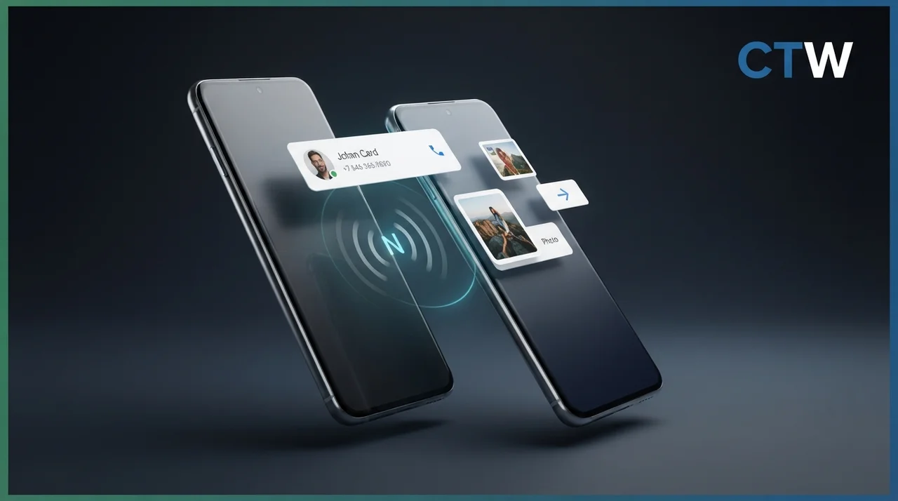Google Tap to Share feature showing two Android phones using NFC to share contacts and files, with CTW branding.