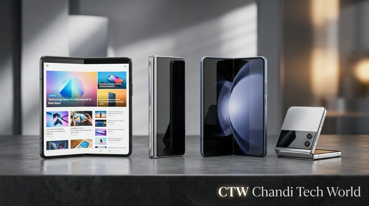 A comparison of book-style foldable smartphones and a compact flip phone representing alternatives to the Google Pixel 11 Pro Fold, with CTW Chandi Tech World branding.