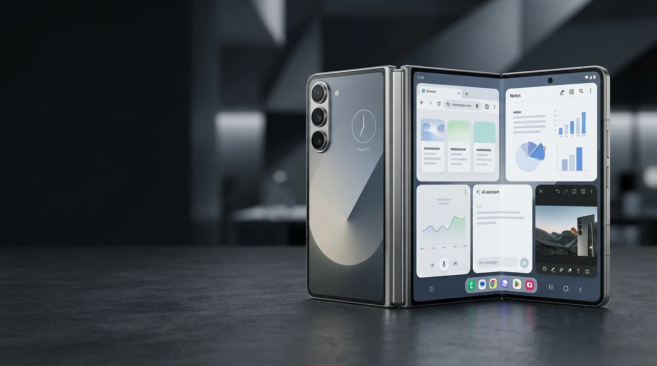 Samsung Galaxy Z Fold8 shown partially unfolded, highlighting its wider foldable display and premium dual-camera design.
