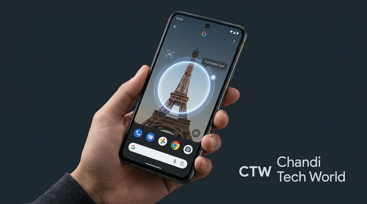 Conceptual Pixel smartphone demonstrating Circle to Search visual object recognition and text translation through the camera, with CTW Chandi Tech World branding.