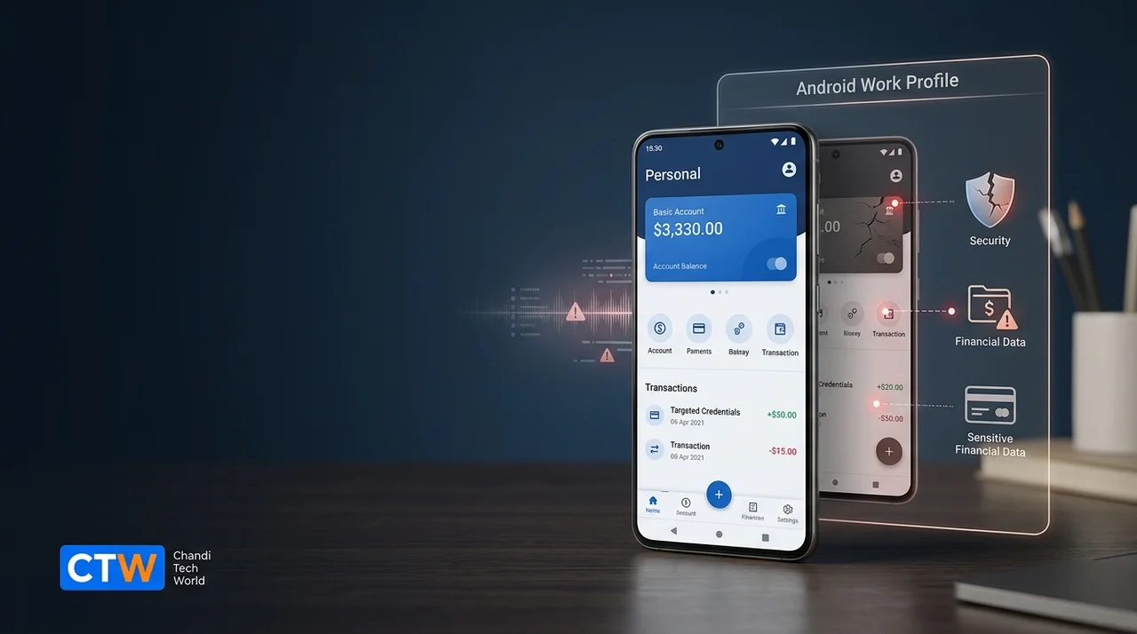 Android smartphone showing a concealed banking app inside a work profile, illustrating the Gigabud banking trojan threat with Chandi Tech World CTW branding.
