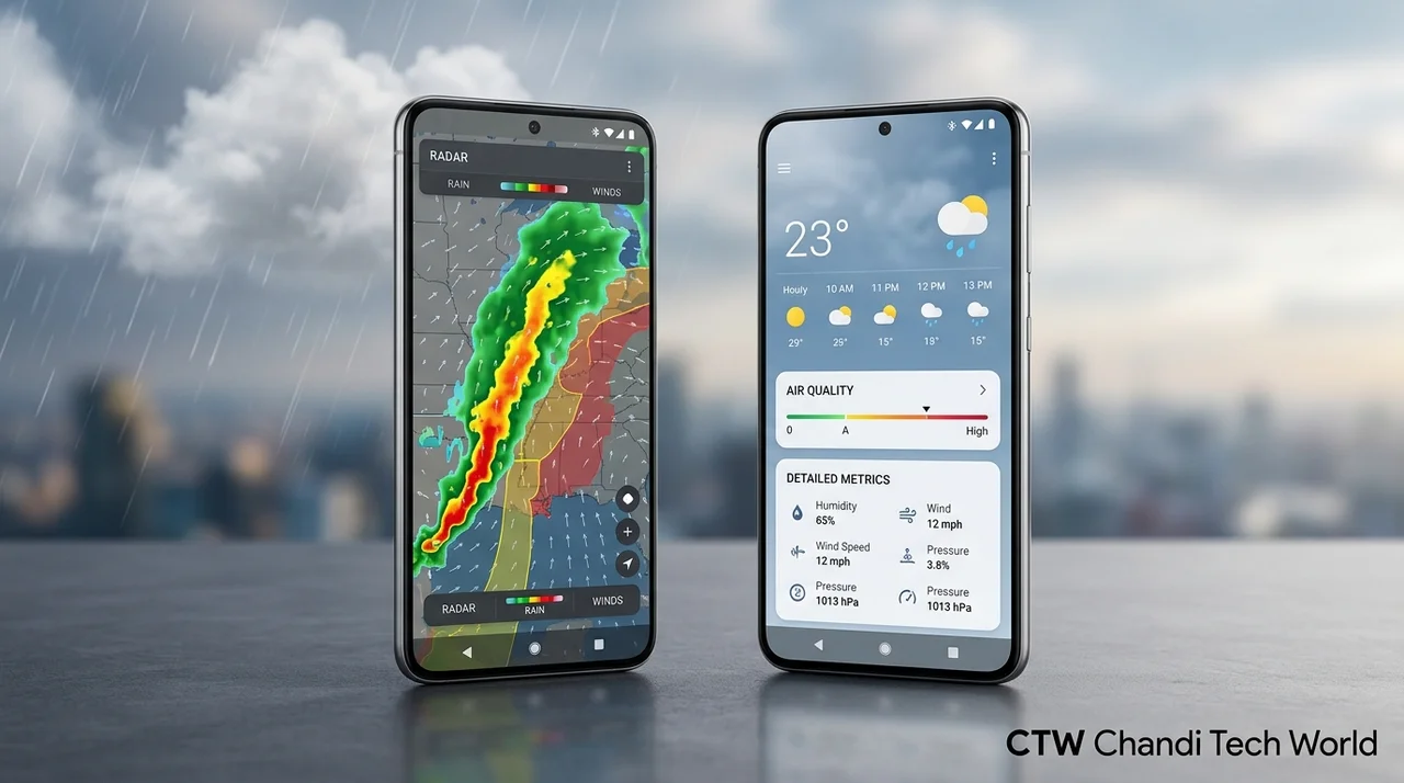 Comparison of Gradient Weather radar maps and Breezy Weather forecast screens on Android smartphones, with CTW Chandi Tech World branding.