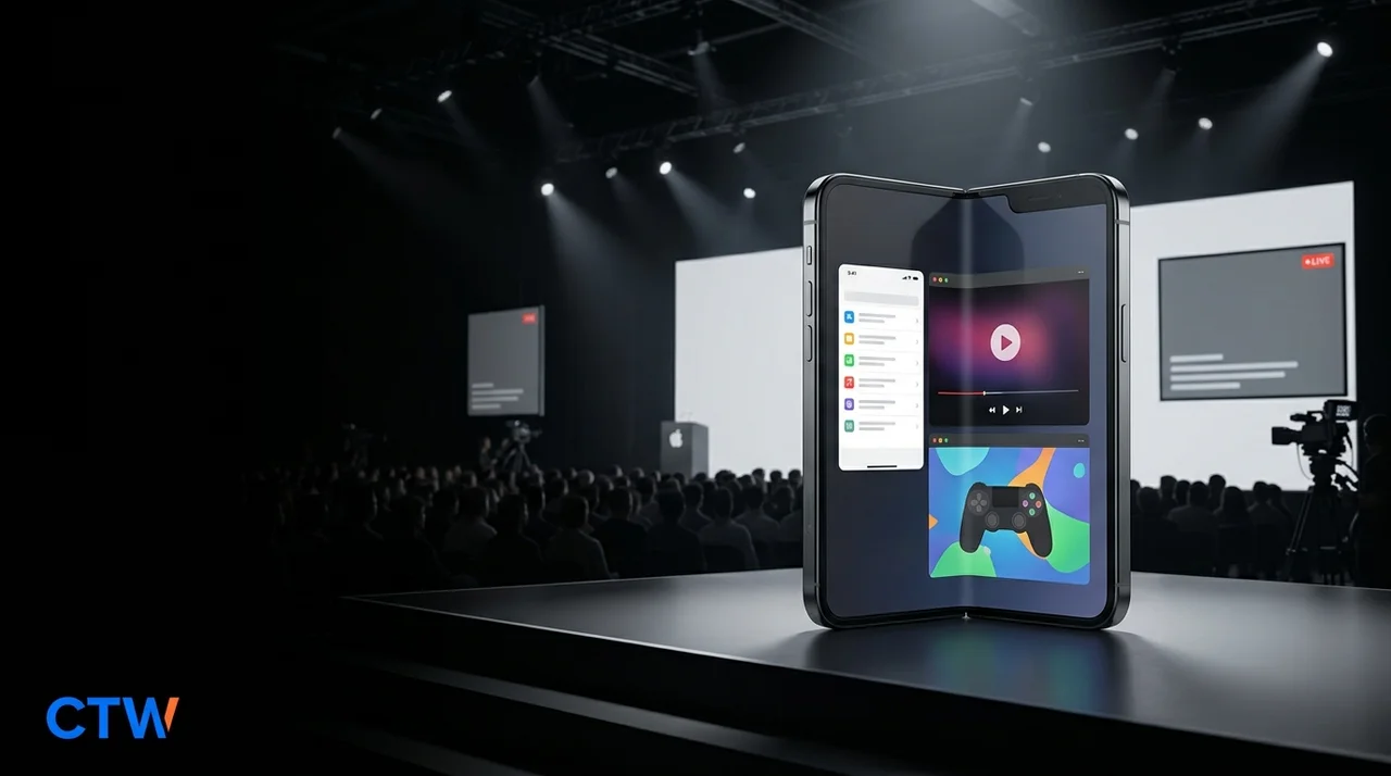 Apple-style iPhone event stage featuring a partially unfolded foldable smartphone concept, illustrating anticipation around a rumored foldable iPhone announcement with Chandi Tech World CTW branding.