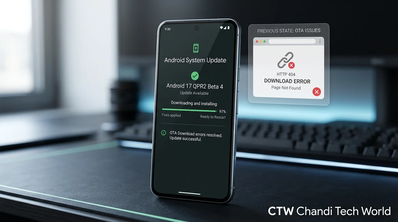 CTW Chandi Tech World thumbnail showing an Android 17 QPR2 Beta 4 download error and a Pixel-style phone, illustrating Google’s fix for the temporary OTA link issue.