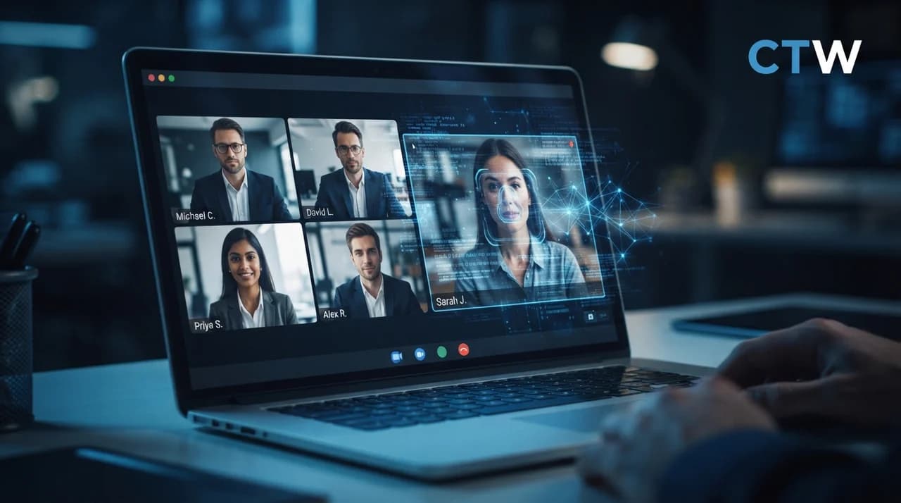Zoom vulnerability allowing AI-assisted remote device takeover during a video call, with CTW cybersecurity branding.