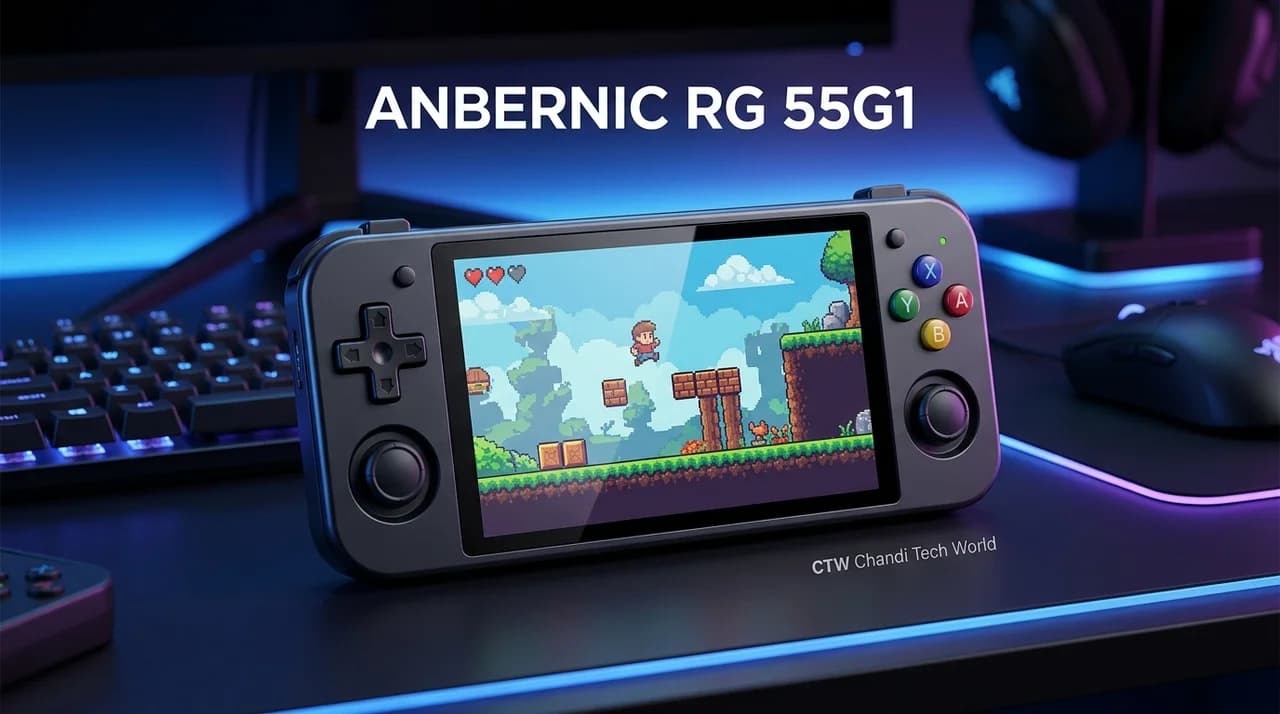 ANBERNIC RG 55G1 Android handheld gaming console with a 1080p screen, Hall-effect controls, and CTW Chandi Tech World branding