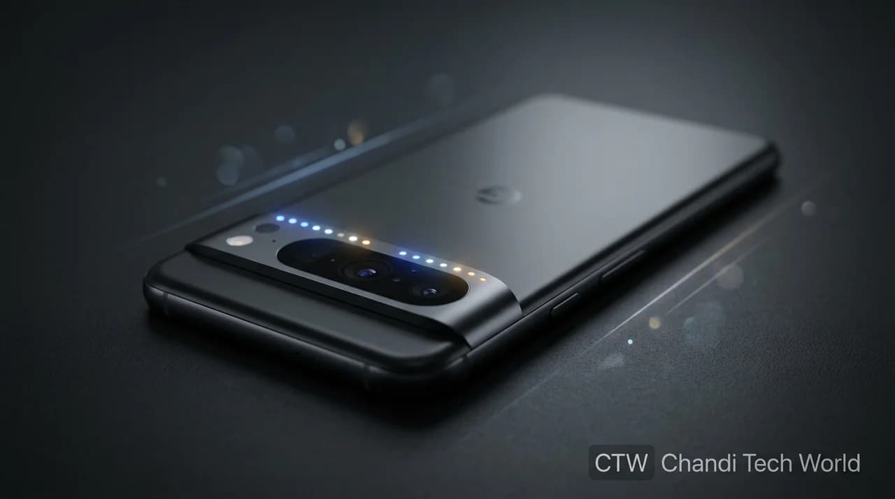 Conceptual Pixel 11 Pro smartphone with colorful HiLight notification LEDs around the rear camera visor, illustrating visual alerts for calls and Gemini activity, with CTW Chandi Tech World branding.