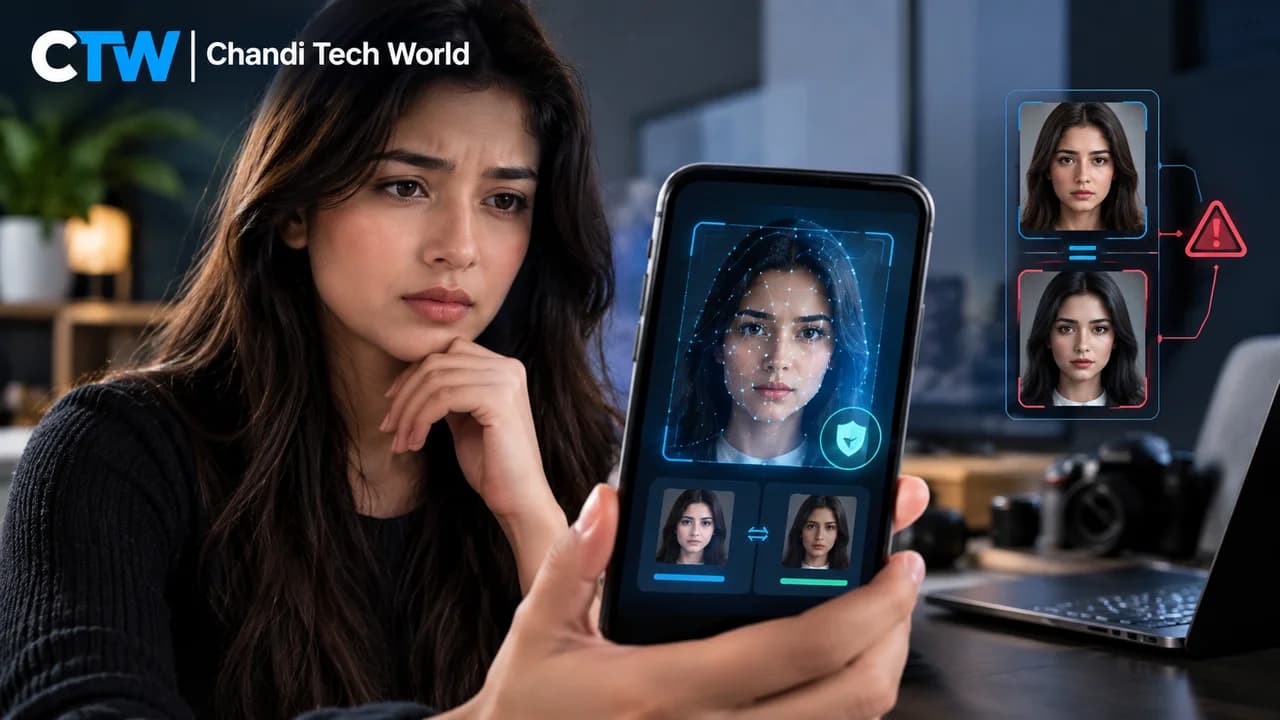 AI likeness detection concept showing a creator's digital likeness being analyzed on a smartphone for unauthorized AI-generated content.