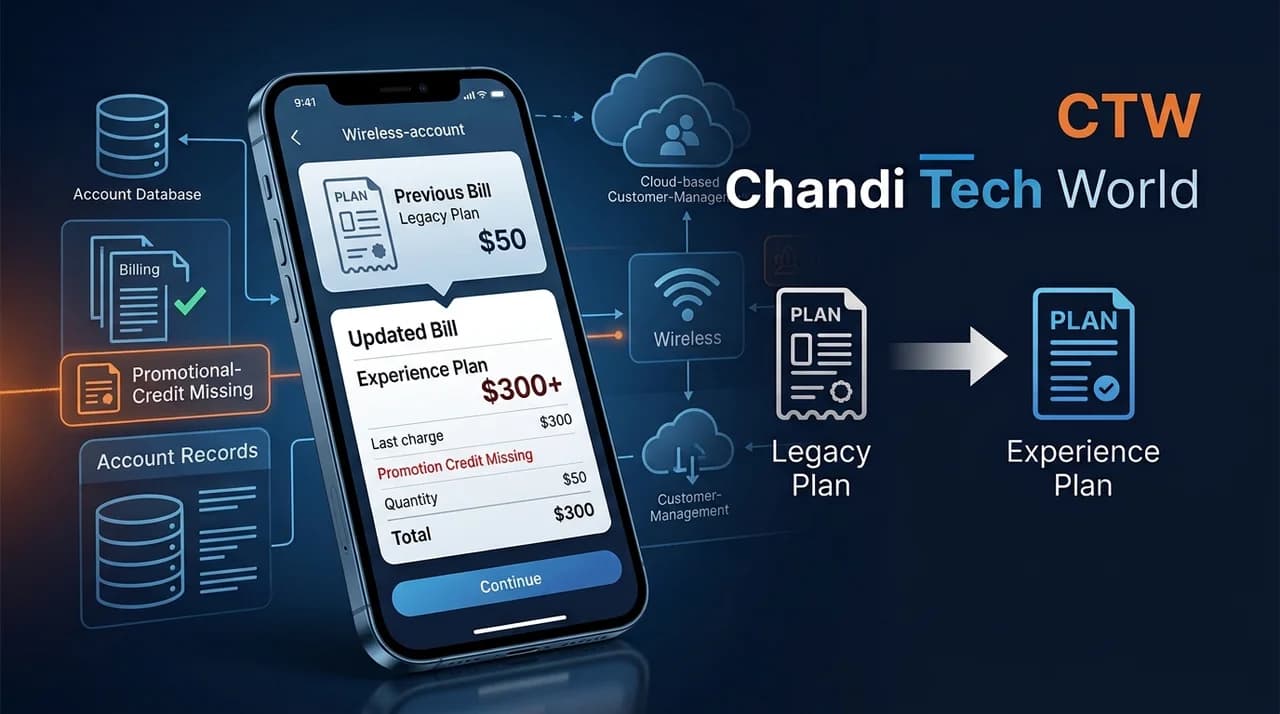 Smartphone showing a fictional billing increase during a wireless plan migration, illustrating reported T-Mobile Experience plan promotion and billing issues for Chandi Tech World (CTW).