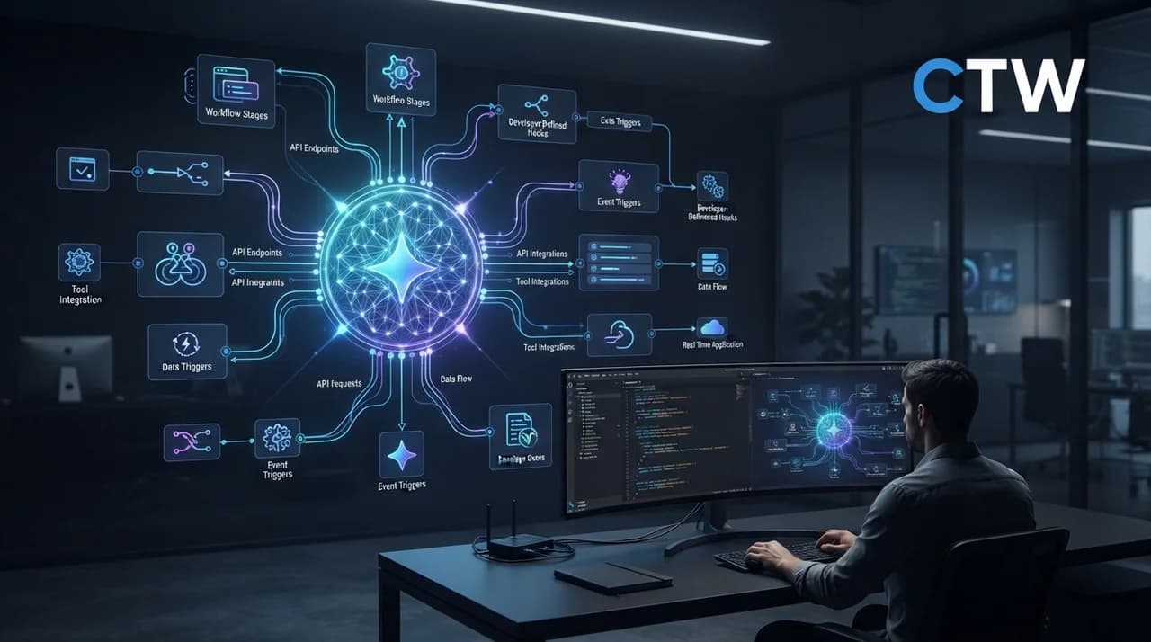 Gemini API Managed Agents with AI workflow controls, API integrations, developer hooks, and CTW branding.