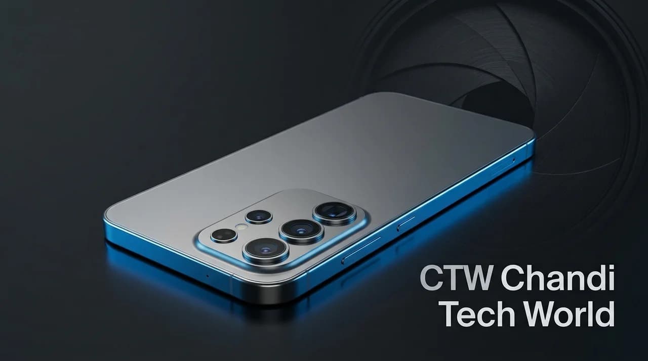 Conceptual Galaxy S27 Ultra smartphone with a triple rear camera system illustrating reports about Samsung's rumored variable aperture camera decision, featuring CTW Chandi Tech World branding.
