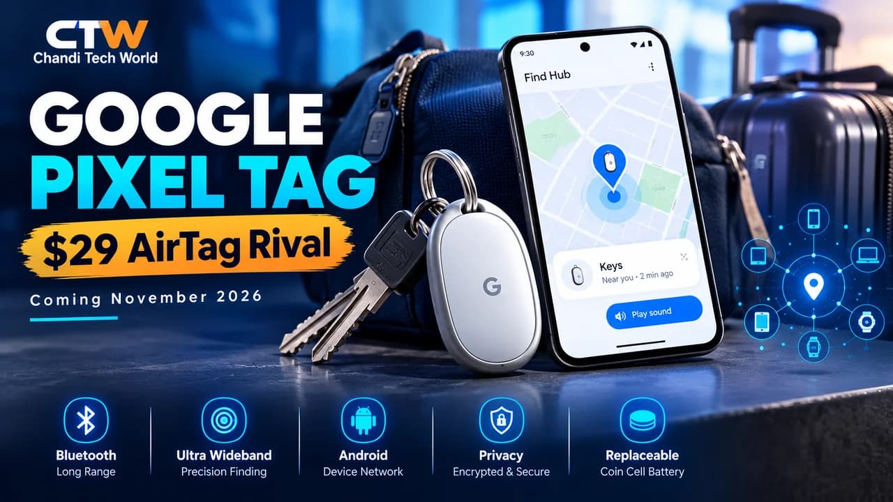 Google Pixel Tag, a $29 Bluetooth and Ultra Wideband item tracker designed to compete with Apple AirTag, uses Google’s Find Hub network to locate keys, bags, and luggage. Featuring precision finding, Android connectivity, privacy protections, and CTW Chandi Tech World branding.