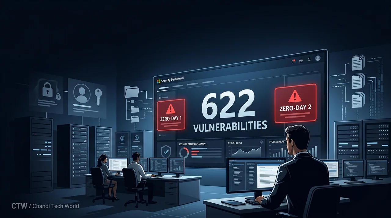 Editorial illustration of Microsoft’s July 2026 Patch Tuesday fixing 622 vulnerabilities, including two exploited zero-day flaws.