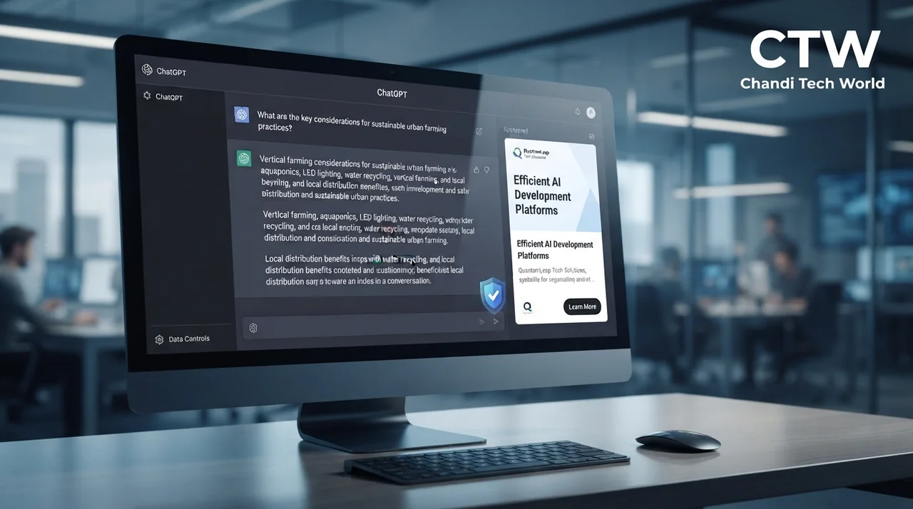 OpenAI testing clearly labeled advertisements within ChatGPT alongside AI-generated responses, highlighting privacy, transparency, user control, and free access.