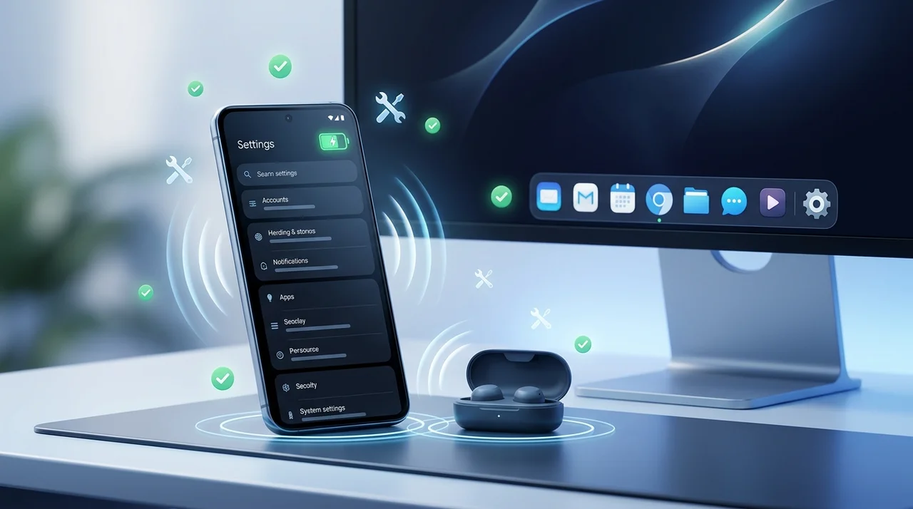 Pixel phone sharing battery power with another device next to a monitor with an aligned taskbar, illustrating the Android 17 QPR1 Beta 7 fixes