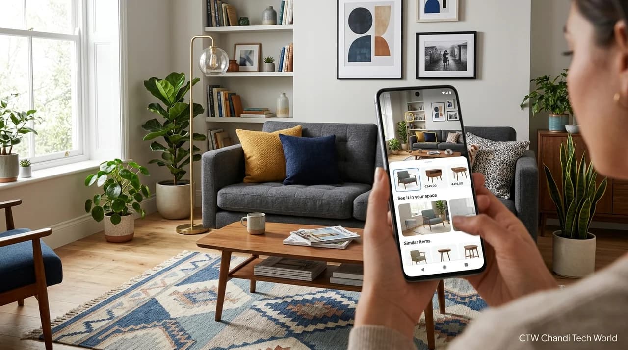 CTW Chandi Tech World illustration showing how Google Search tools can help visualize furniture, discover home decor products, and plan a living room makeover.