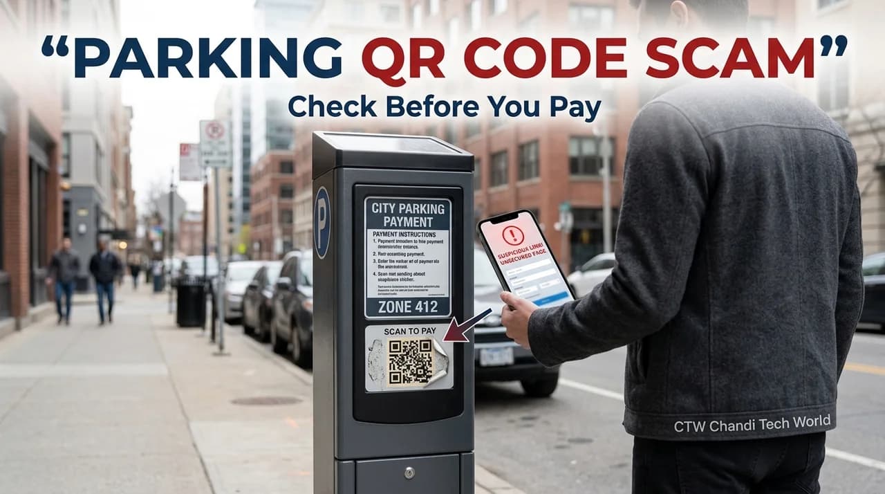 A suspicious QR-code sticker on a parking meter warns drivers about payment phishing, with CTW Chandi Tech World branding.