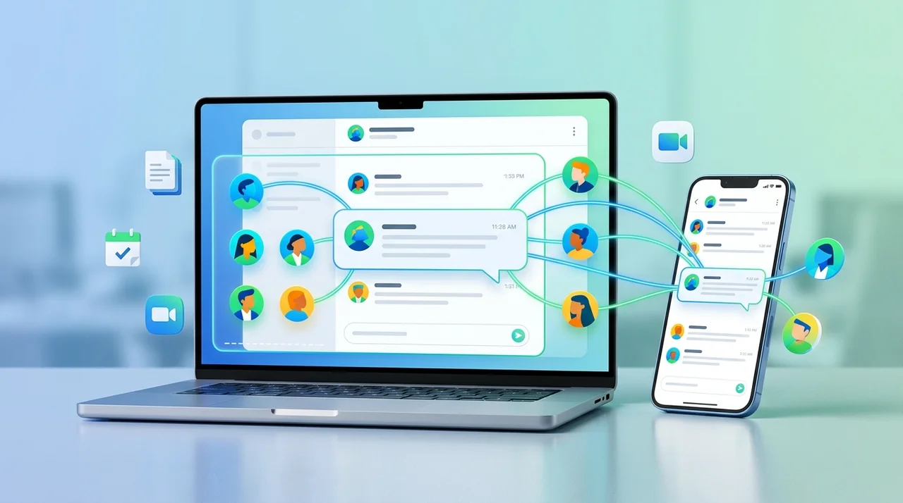 Illustration of a group chat connecting internal team members and external clients in one shared conversation, representing Google Chat's new external group conversations